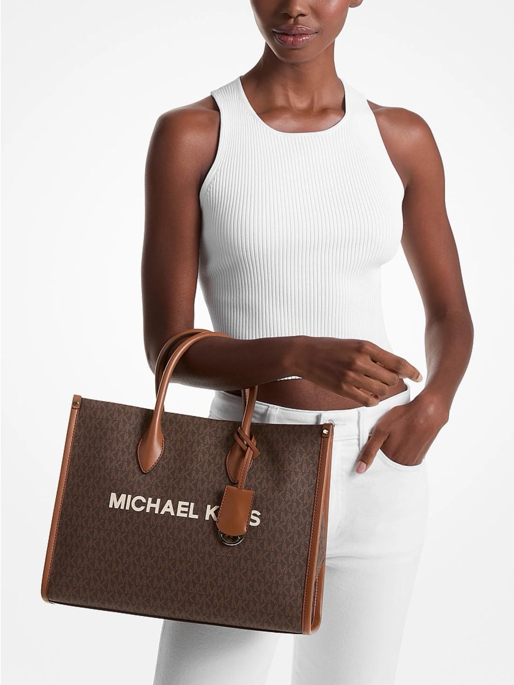 Michael Kors Brown Signature Monogram Mirella Shopper Tote Bag Crossbody - Picture 2 of 14